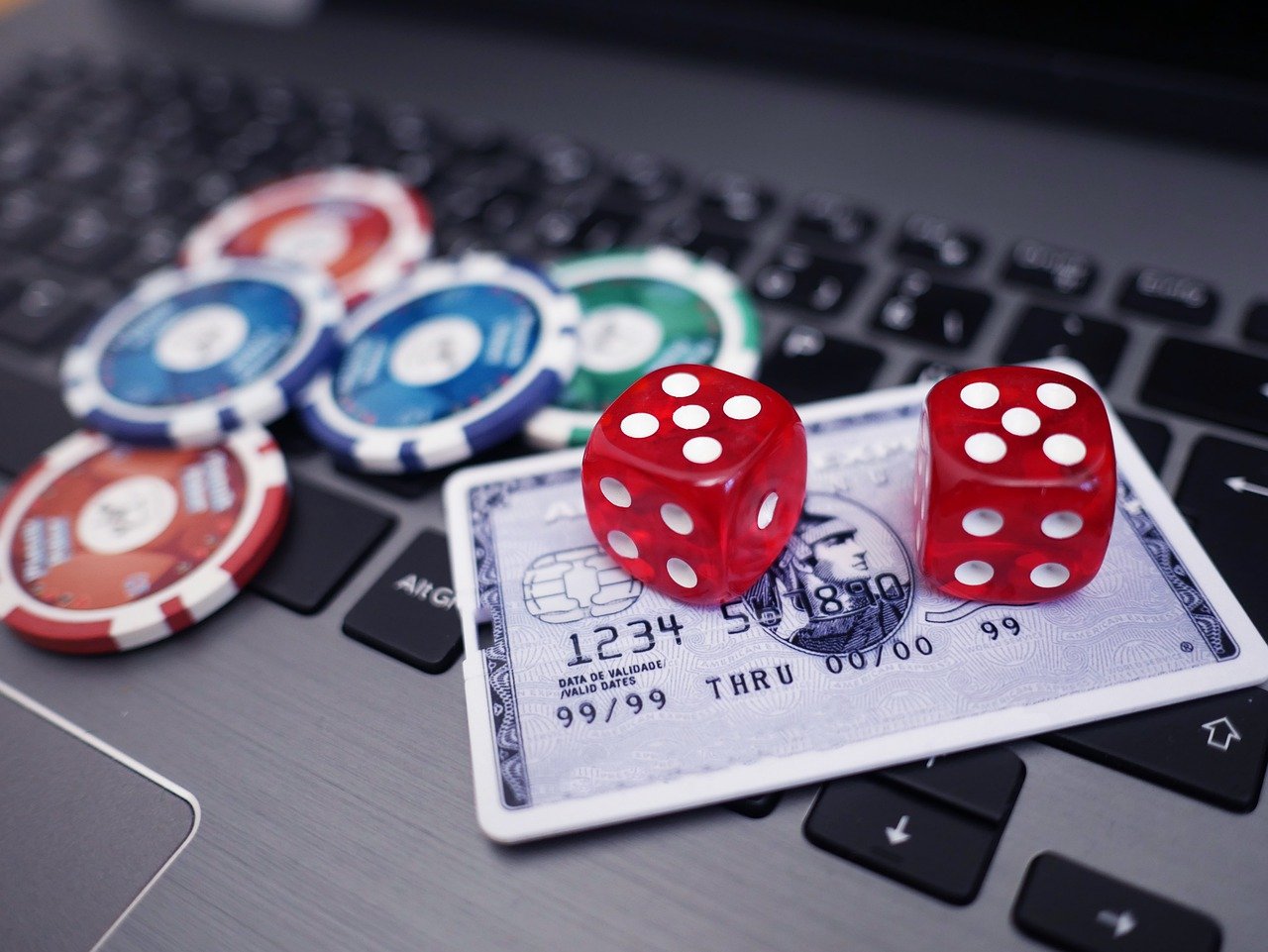 dice, chips, and card